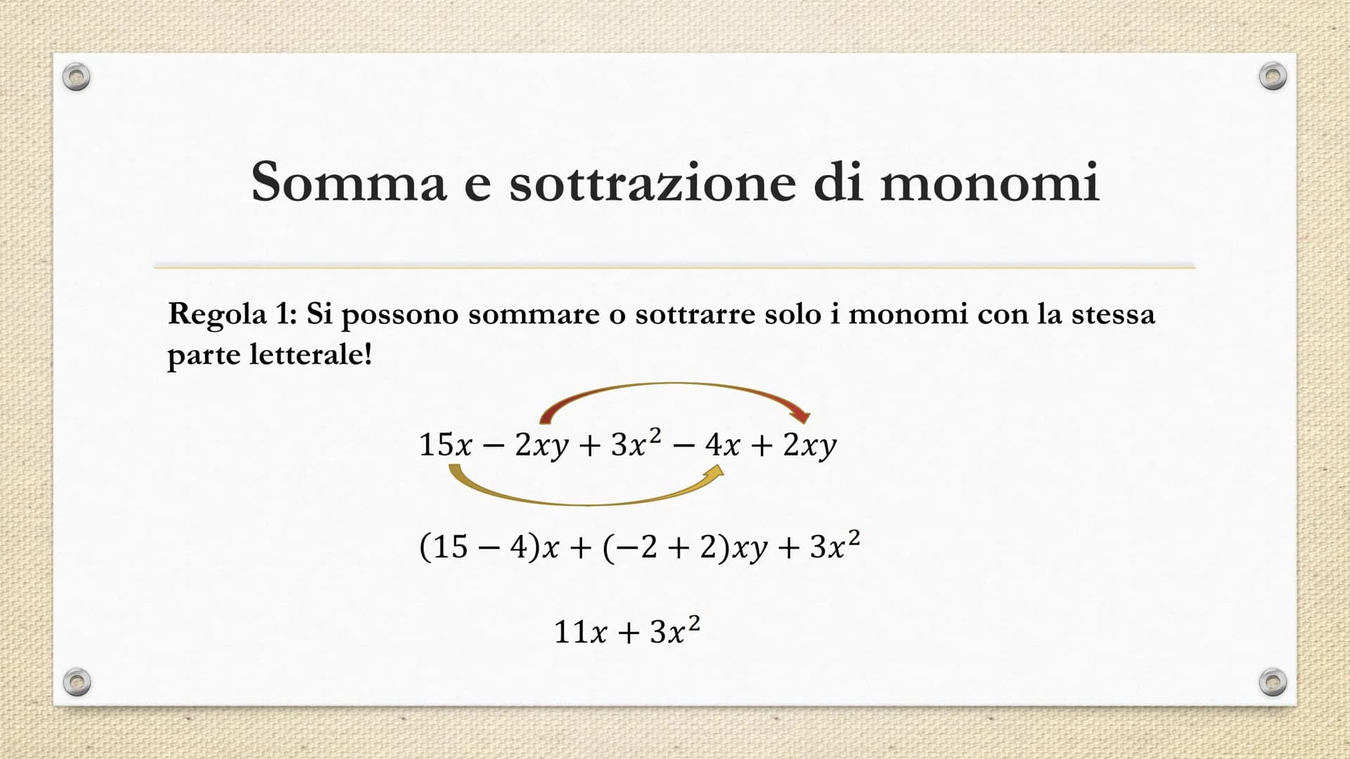 Monomi e polinomi Che cos'è un monomio?
- -
PARTE
NUMERICA
SEGNO
2
3
15 x² y³ z
/
PARTE
LETTERALE Quando due più monomi si dicono
simili?
- 