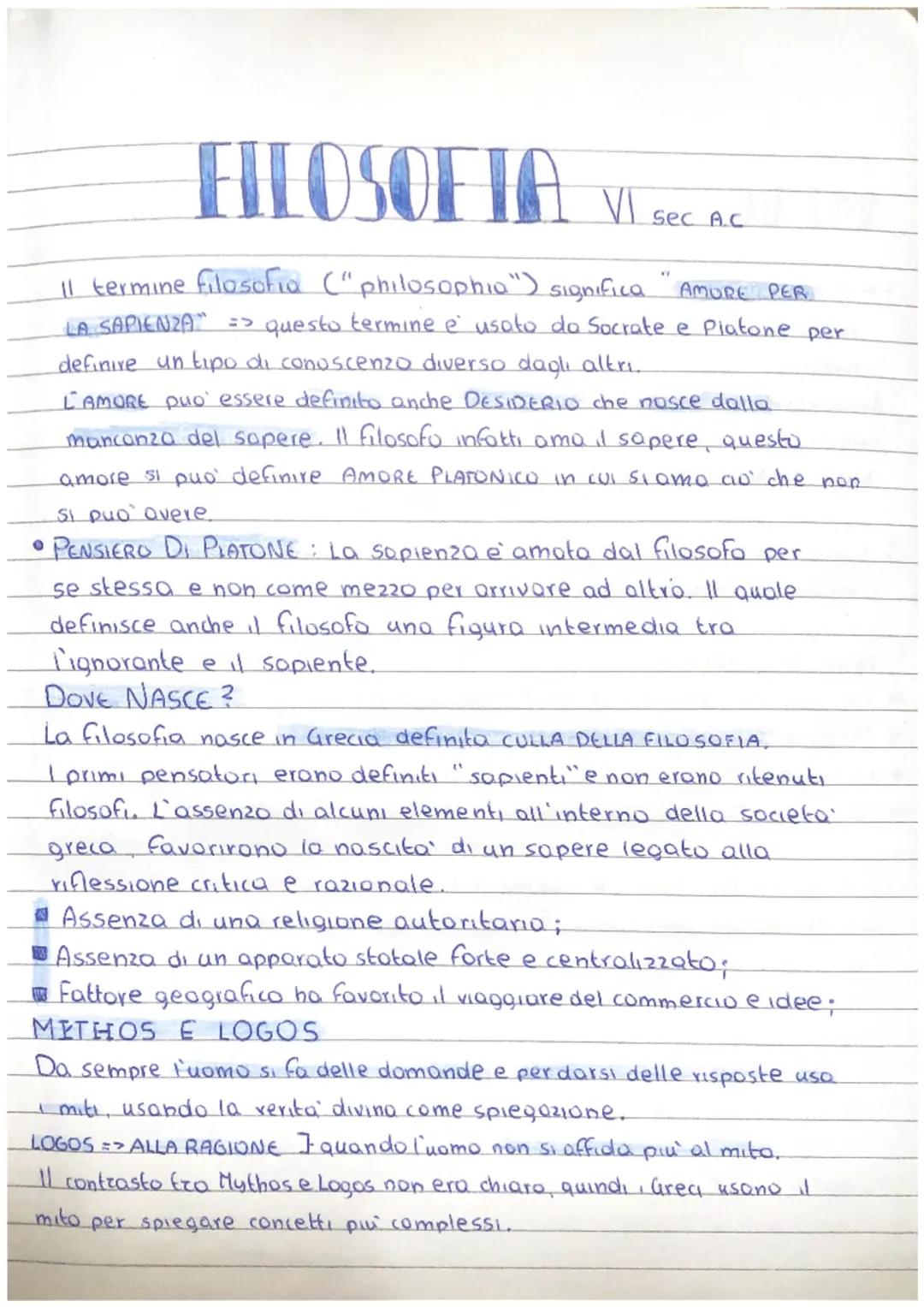 FILOSOFIA
11 termine filosofia ("philosophia") significa AMORE PER
LA SAPIENZA" => questo termine è usato da Socrate e Platone per
definire 