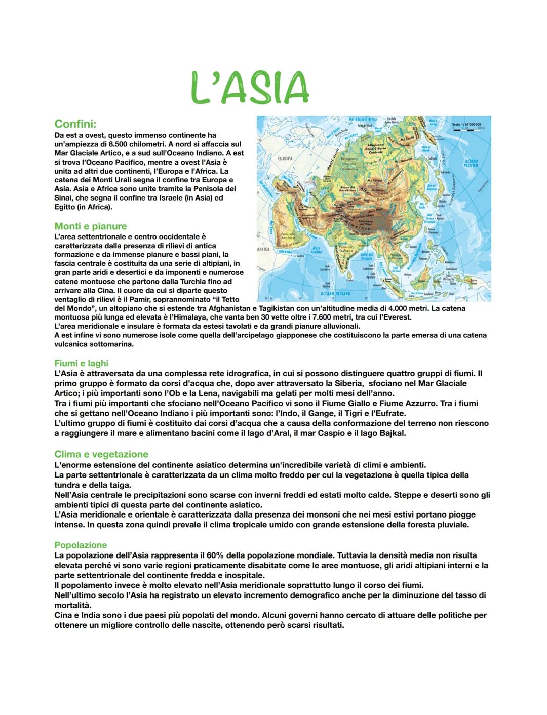 L'ASIA
Confini:
Da est a ovest, questo immenso continente ha
un'ampiezza di 8.500 chilometri. A nord si affaccia sul
Mar Glaciale Artico, e 