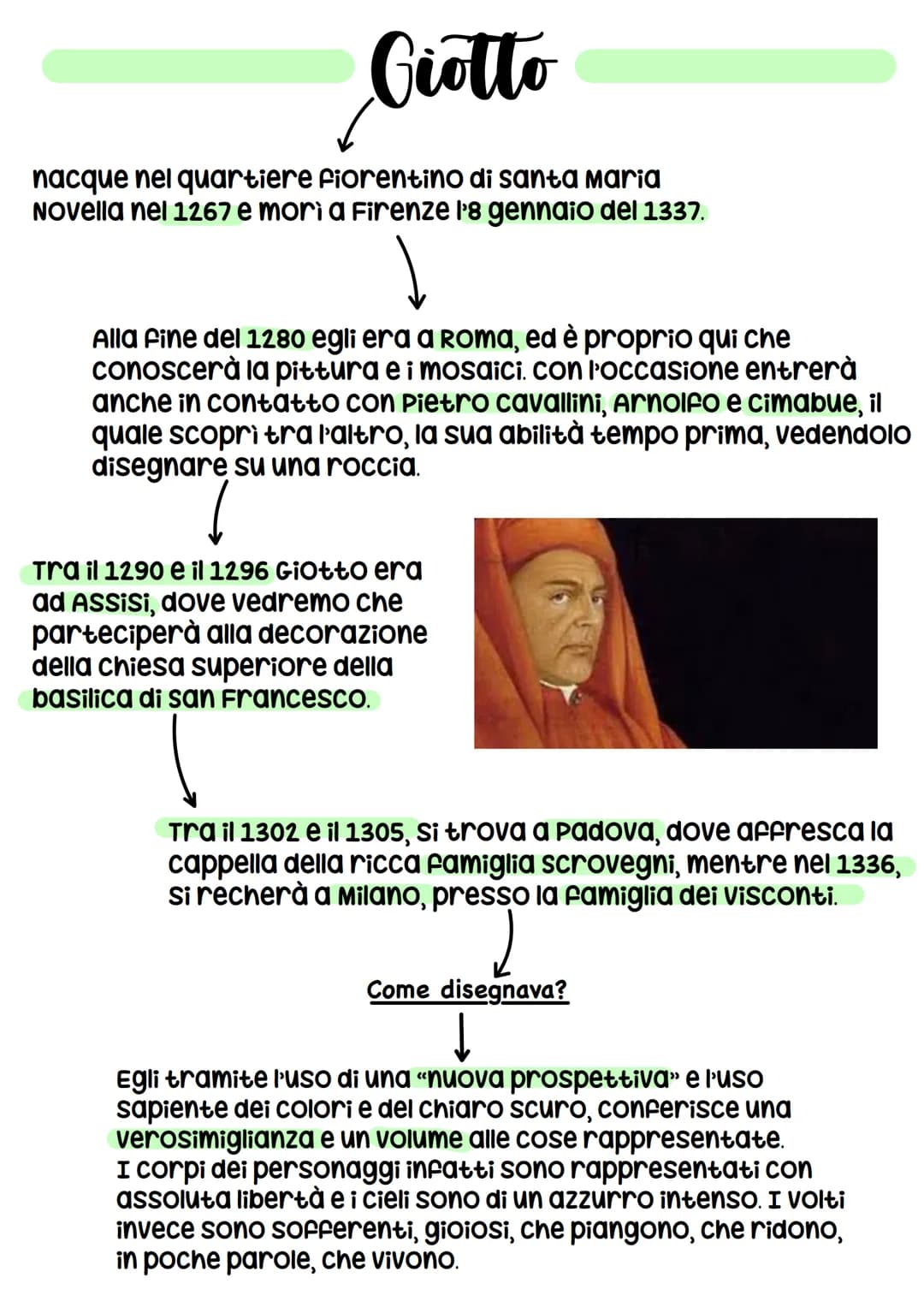 
<p>Giotto nacque nel quartiere fiorentino di Santa Maria Novella nel 1267 e morì a Firenze l'8 gennaio del 1337.</p>
<h2 id="giottonascitae