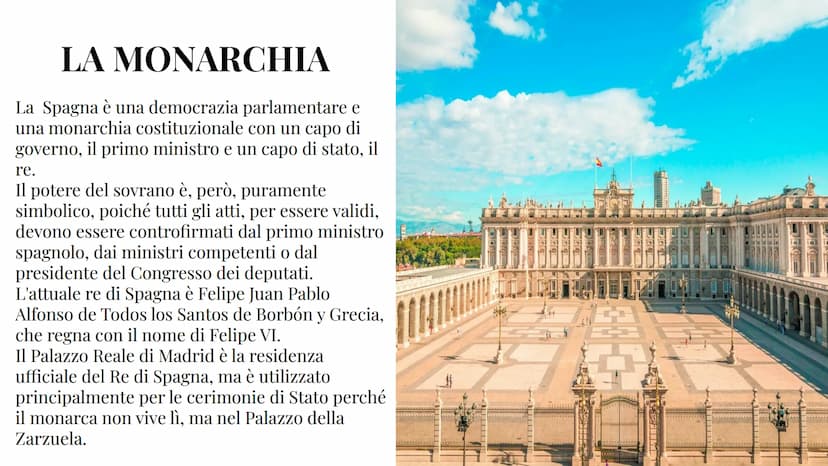 O
追
RICERCA SULLA
SPAGNA
Abigail Kendi. 15 Dicembre LA SPAGNA LA
MONARCHIA
La Spagna è una democrazia parlamentare e
una monarchia costituzi