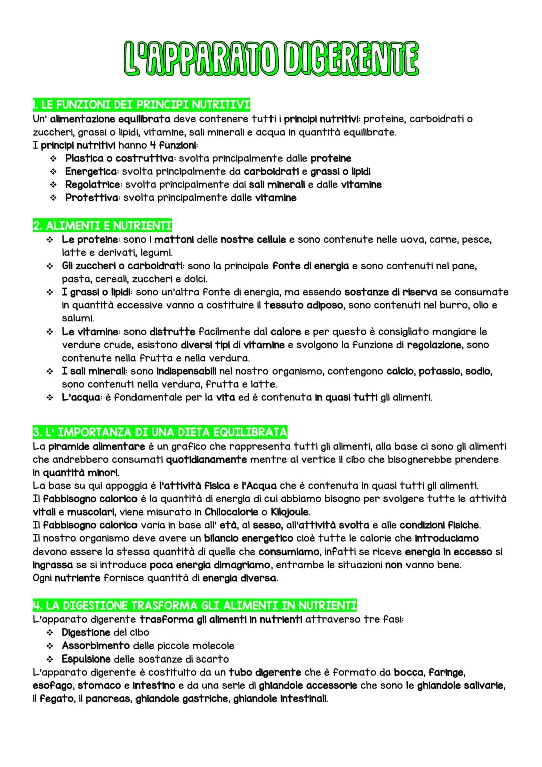 L'APPARATO DIGERENTE
. LE FUNZIONI DEI PRINCIPI NUTRITIVI
Un' alimentazione equilibrata deve contenere tutti i principi nutritivi: proteine,