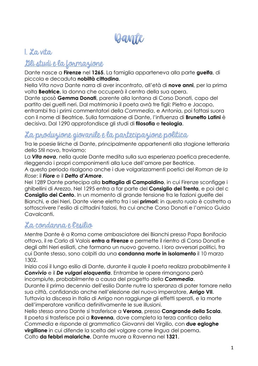 Dante
1. La vita
Gli studi e la formazione
Dante nasce a Firenze nel 1265. La famiglia apparteneva alla parte guelfa, di
piccola e decaduta 