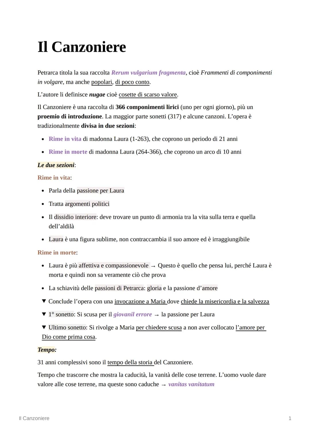 Il Canzoniere
Petrarca titola la sua raccolta Rerum vulgarium fragmenta, cioè Frammenti di componimenti
in volgare, ma anche popolari, di po