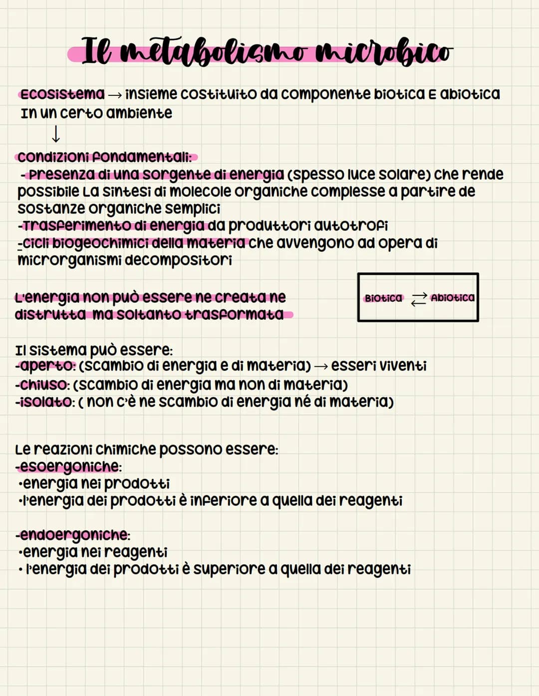 Il metabolismo microbico
Ecosistema → insieme costituito da componente biotica E abiotica
In un certo ambiente
↓
condizioni fondamentali:
- 