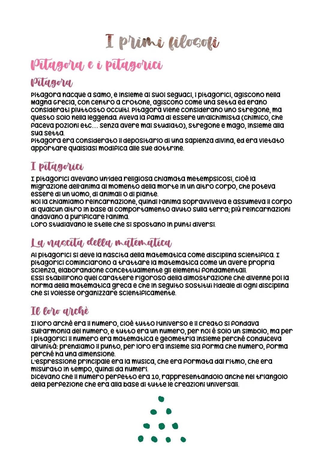 I primi filosofi
Pitagora e i pitagorici
Pitagora
Pitagora nacque a samo, e insieme ai suoi seguaci, i pitagorici, agiscono nella
Magna Grec