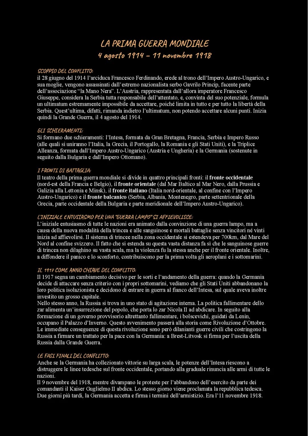 Prima Guerra Mondiale: Riassunto Completo e Schema Facile