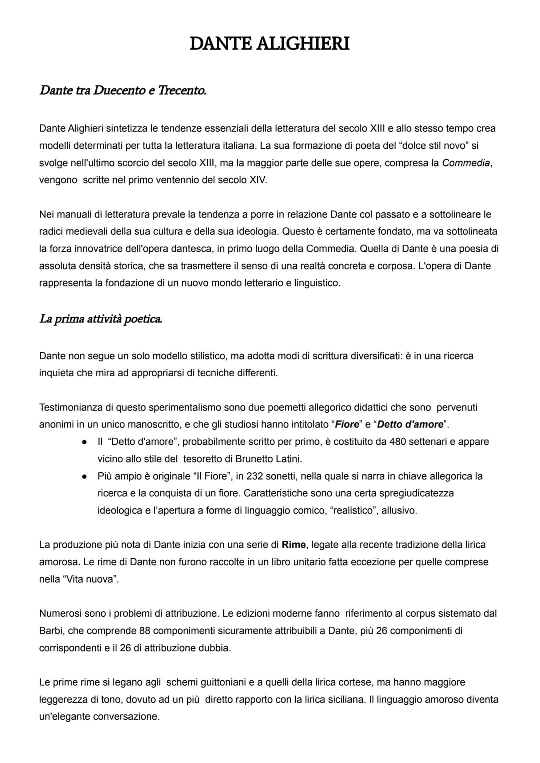 DANTE ALIGHIERI
Dante tra Duecento e Trecento.
Dante Alighieri sintetizza le tendenze essenziali della letteratura del secolo XIII e allo st