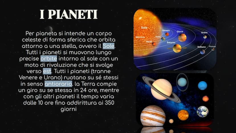 Il sistema solare COSA SI INTENDE PER SISTEMA SOLARE?
Per Sistema Solare si intende un insieme di corpi celesti, esso è
formato da:
8 pianet