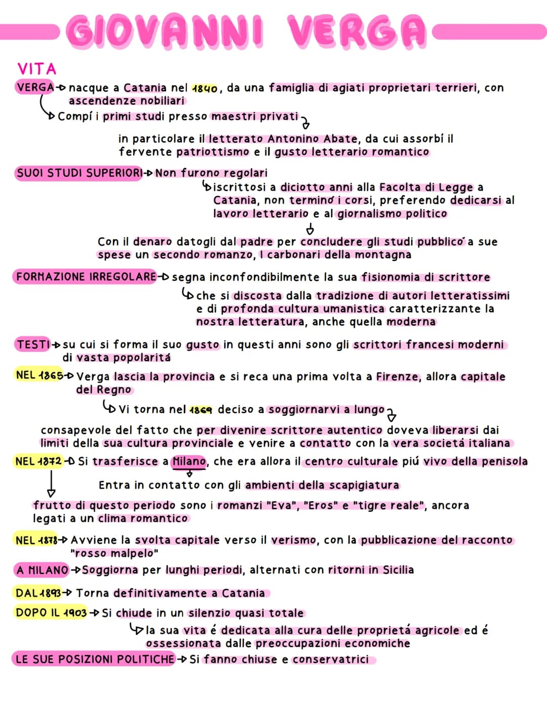 GIOVANNI VERGA
VITA
VERGA nacque a Catania nel 1840, da una famiglia di agiati proprietari terrieri, con
ascendenze nobiliari
Compí i primi 