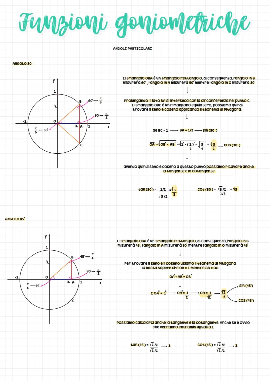 Funzioni goniometriche
ANGOLO 30
ANGOLO 45
-30°
-45
y
1
Y.
y
1
Y.
O
OLA
B
B
60-
X. A 1
B 45-
X. A 1
90⁰-
90→
X
플
X
ANGOLI PARTICOLARI
Il tri