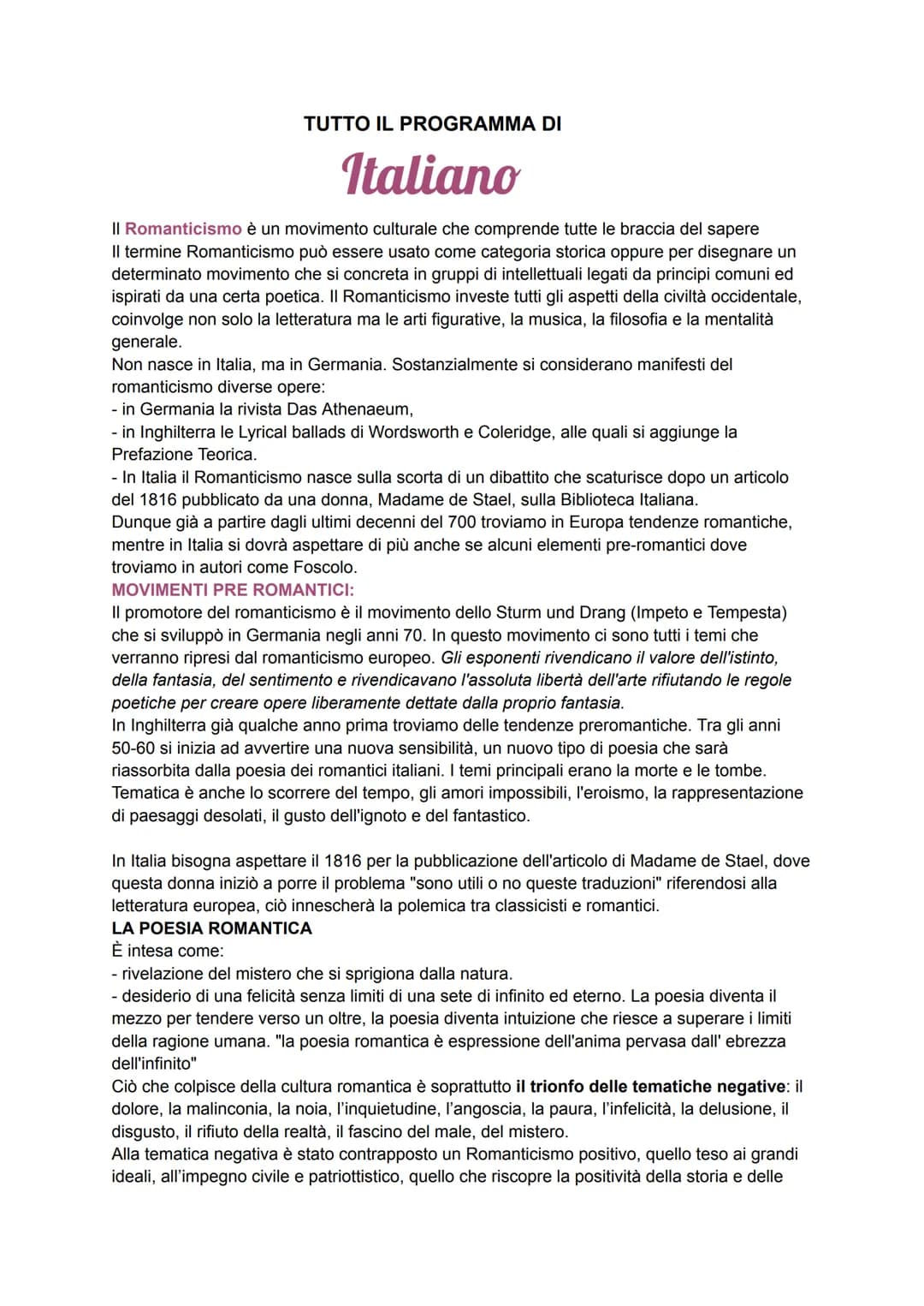 TUTTO IL PROGRAMMA DI
Italiano
Il Romanticismo è un movimento culturale che comprende tutte le braccia del sapere
Il termine Romanticismo pu