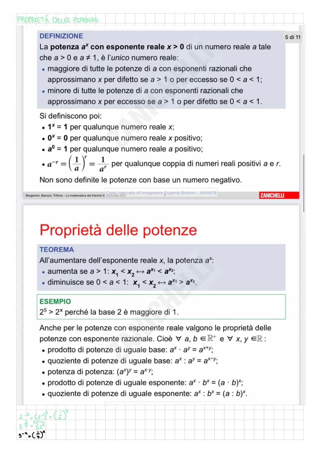 PROPRIETÀ DELLE POTENZE
DEFINIZIONE
La potenza ax con esponente reale x > 0 di un numero reale a tale
che a > 0 e a # 1, è l'unico numero re