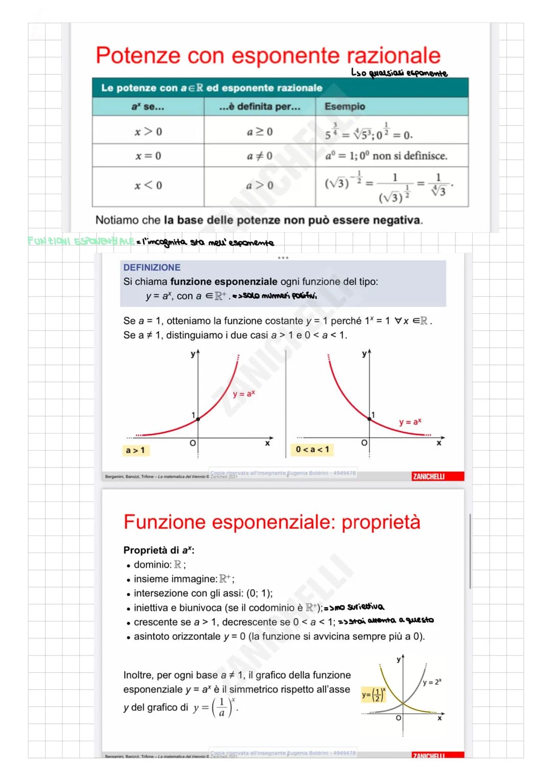 PROPRIETÀ DELLE POTENZE
DEFINIZIONE
La potenza ax con esponente reale x > 0 di un numero reale a tale
che a > 0 e a # 1, è l'unico numero re