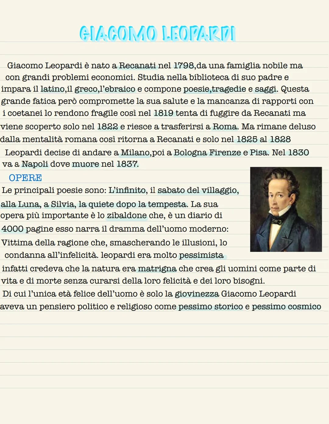 
<h2 id="vitadigiacomoleopardi">Vita di Giacomo Leopardi</h2>
<p>Giacomo Leopardi è nato a Recanati nel 1798, da una famiglia nobile ma con 