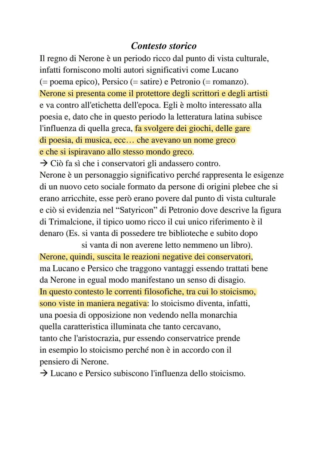 Contesto storico
Il regno di Nerone è un periodo ricco dal punto di vista culturale,
infatti forniscono molti autori significativi come Luca