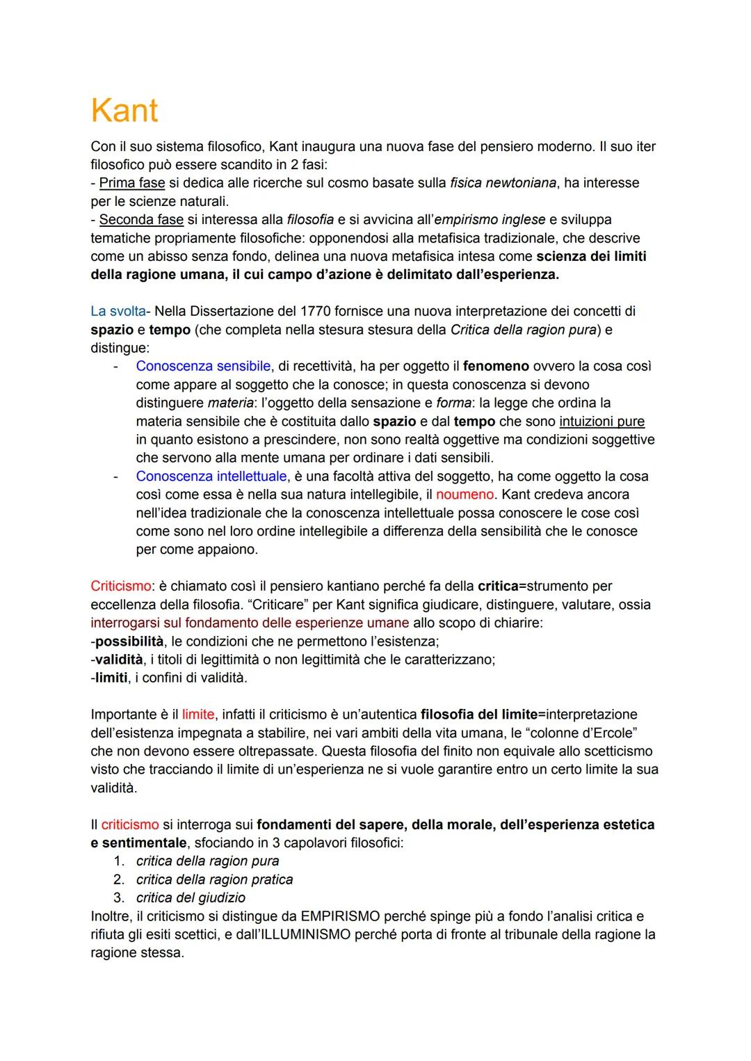 Kant
Con il suo sistema filosofico, Kant inaugura una nuova fase del pensiero moderno. Il suo iter
filosofico può essere scandito in 2 fasi: