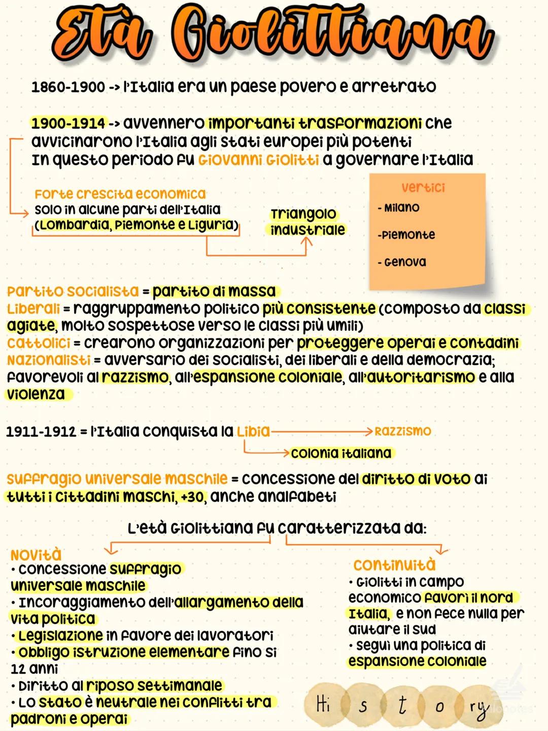 Sta Giolittiana
1860-1900 -> l'Italia era un paese povero e arretrato
1900-1914 ->
avvennero importanti trasformazioni che
avvicinarono l'It