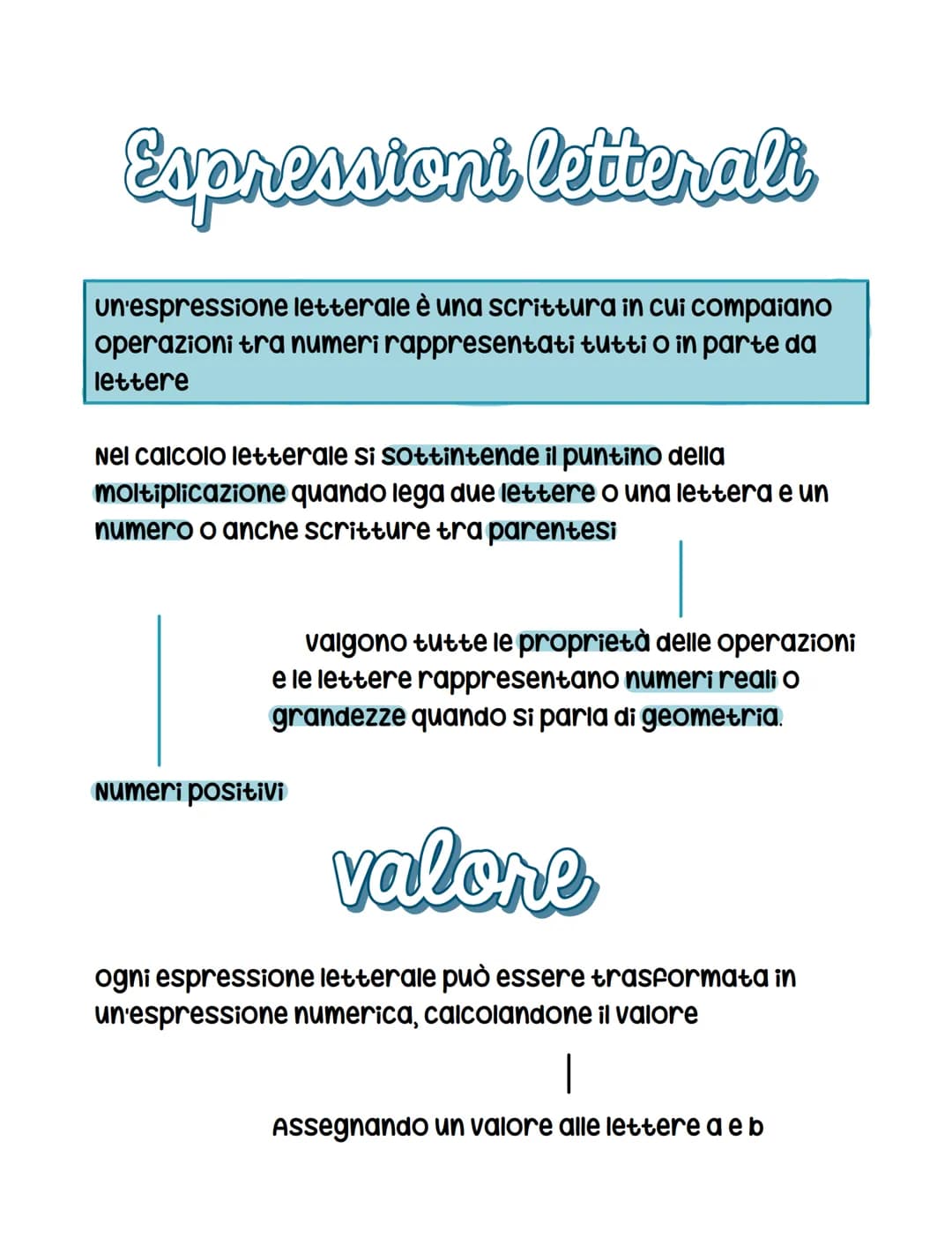 Espressioni letterali
un'espressione letterale è una scrittura in cui compaiano
operazioni tra numeri rappresentati tutti o in parte da
lett