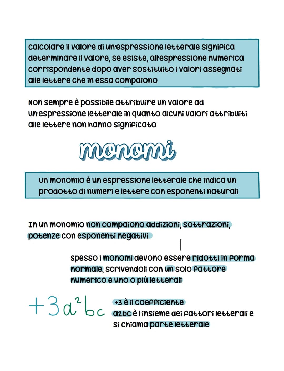 Espressioni letterali
un'espressione letterale è una scrittura in cui compaiano
operazioni tra numeri rappresentati tutti o in parte da
lett
