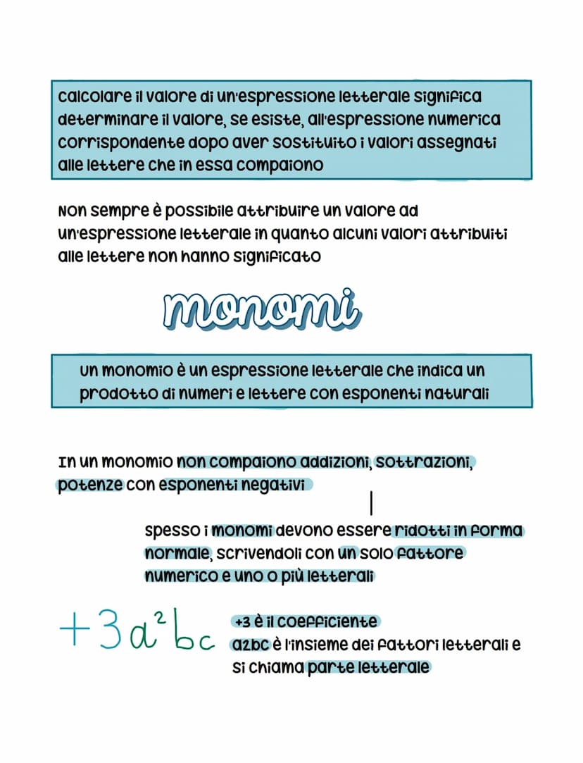 Espressioni letterali
un'espressione letterale è una scrittura in cui compaiano
operazioni tra numeri rappresentati tutti o in parte da
lett