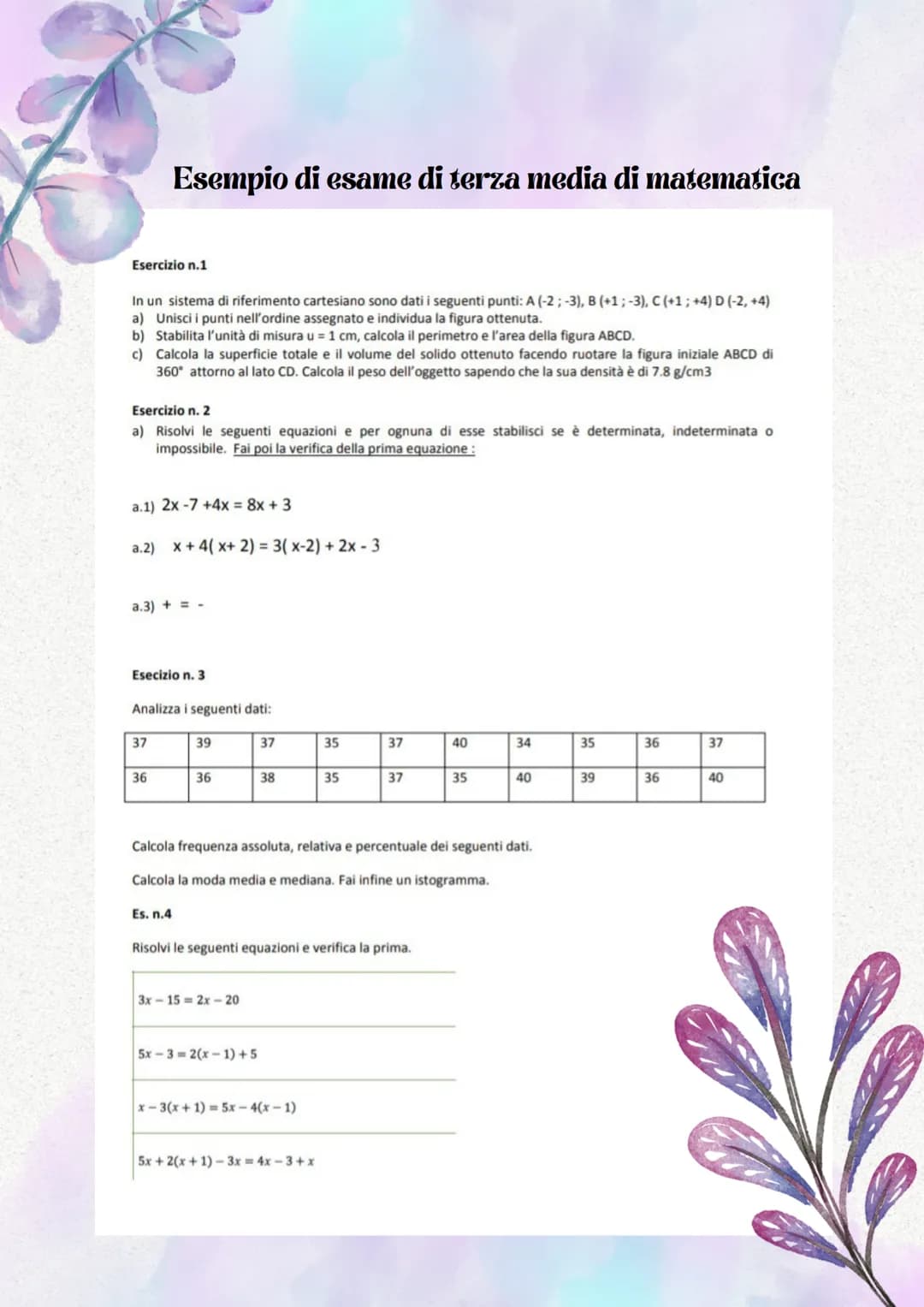 Esercizio n.1
In un sistema di riferimento cartesiano sono dati i seguenti punti: A (-2; -3), B (+1; -3), C (+1; +4) D (-2, +4)
a) Unisci i 
