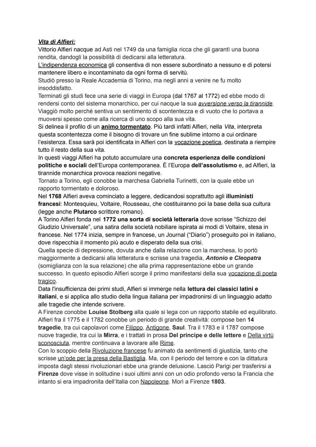 Vita di Alfieri:
Vittorio Alfieri nacque ad Asti nel 1749 da una famiglia ricca che gli garantì una buona
rendita, dandogli la possibilità d
