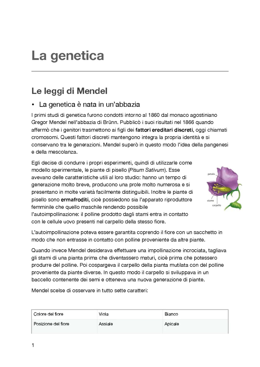 La genetica, le leggi di Mendel e la teoria cromosomica