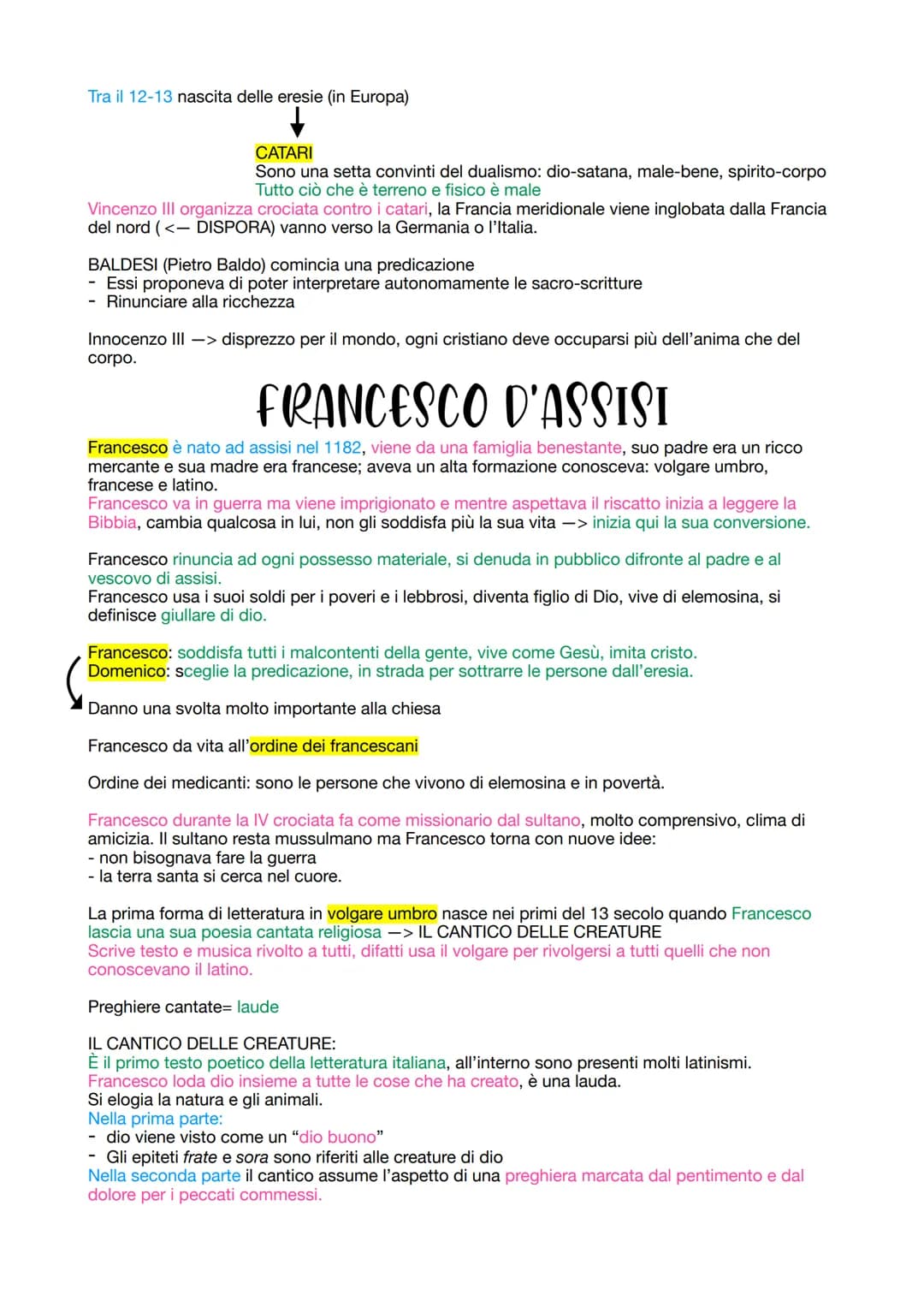 Tra il 12-13 nascita delle eresie (in Europa)
CATARI
Sono una setta convinti del dualismo: dio-satana, male-bene, spirito-corpo
Tutto ciò ch