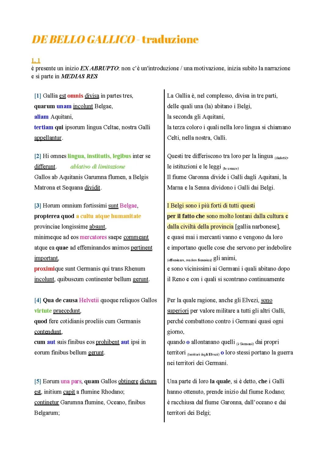 Traduzione e Analisi di De Bello Gallico 1.1