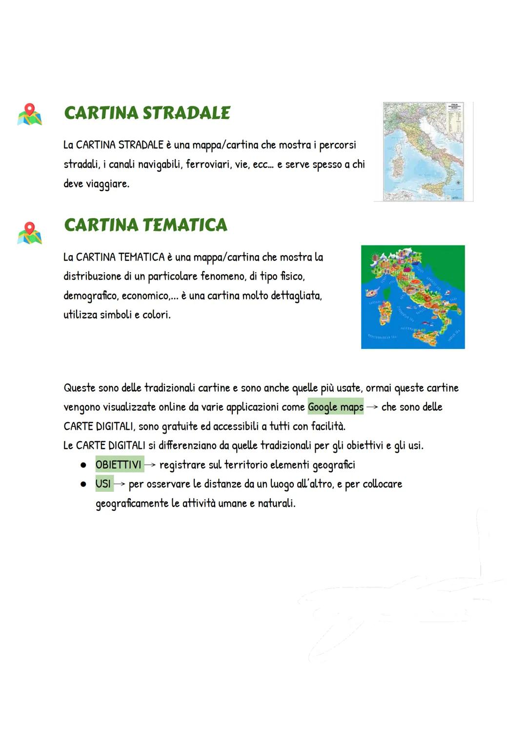 LE CARTE GEOGRAFICHE
Le CARTE GEOGRAFICHE sono delle rappresentazioni a scala
ridotta di un territorio, di un luogo.→ comprendono vari
eleme