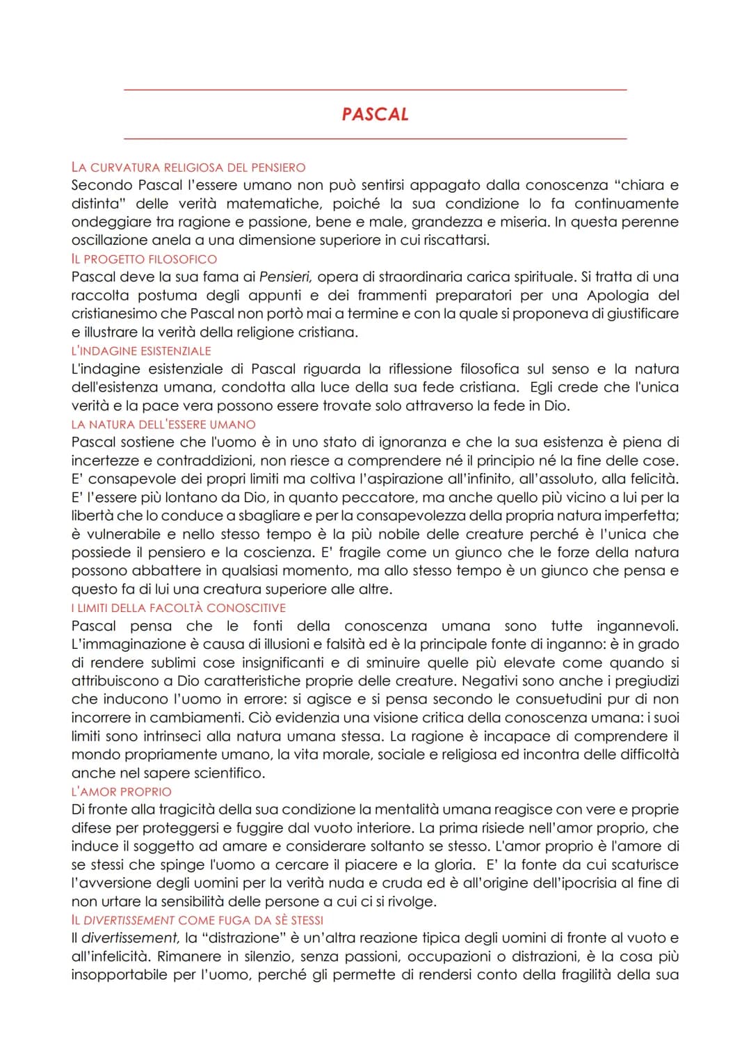 PASCAL
OOOOOOOOOOO
LA CURVATURA RELIGIOSA DEL PENSIERO
IL PROGETTO FILOSOFICO
L'INDAGINE ESISTENZIALE
LA NATURA DELL'ESSERE UMANO
I LIMITI D