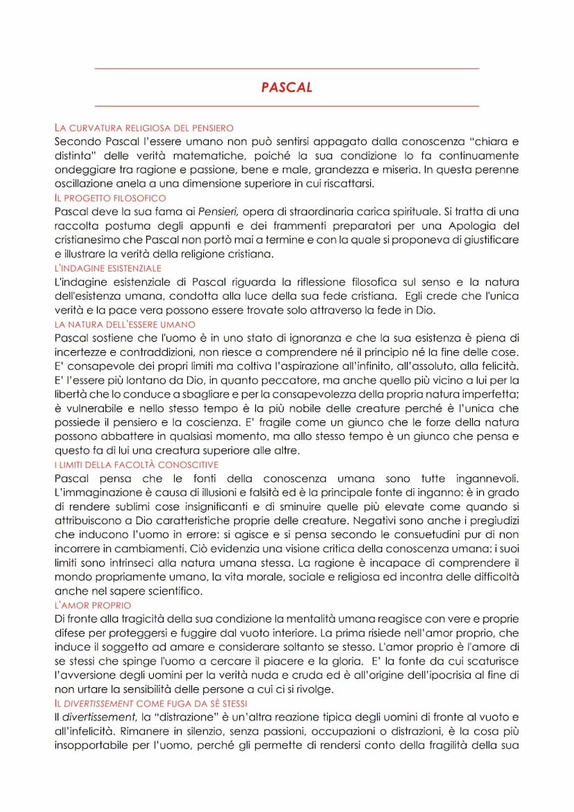 PASCAL
OOOOOOOOOOO
LA CURVATURA RELIGIOSA DEL PENSIERO
IL PROGETTO FILOSOFICO
L'INDAGINE ESISTENZIALE
LA NATURA DELL'ESSERE UMANO
I LIMITI D