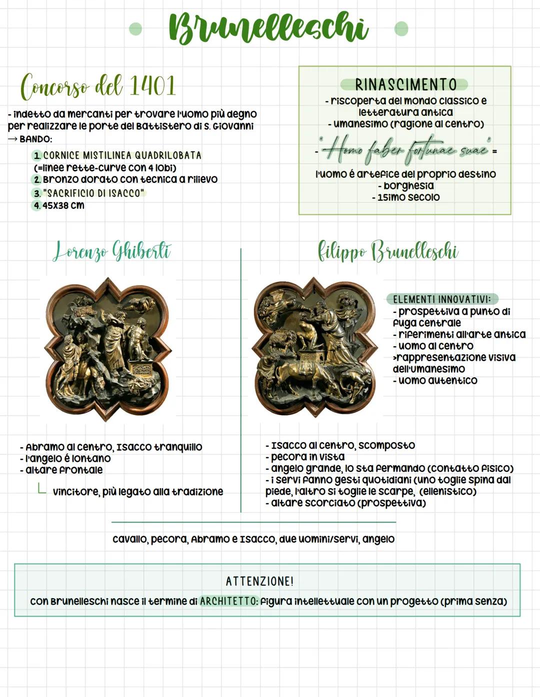 Brunelleschi •
Concorso del 1401
- indetto da mercanti per trovare l'uomo più degno
per realizzare le porte del Battistero di S. Giovanni
→ 