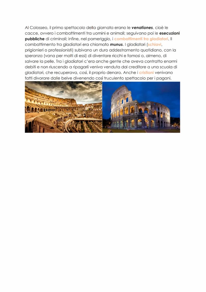 Il Colosseo
La costruzione del Colosseo o Anfiteatro Flavio fu iniziata dall'imperatore
Vespasiano nel 75 d.C.; venne inaugurato da Tito nel