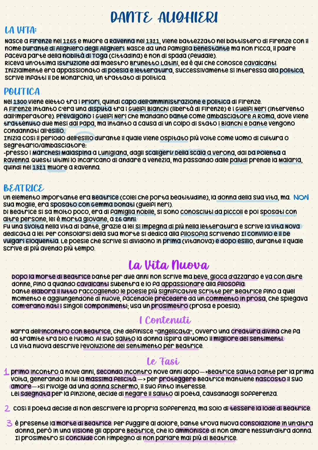 DANTE AUGHIERI
LA VITA:
Nasce a Firenze nel 1265 e muore a Ravenna nel 1321, viene battezzato nel battistero di Firenze con il
nome Durante 