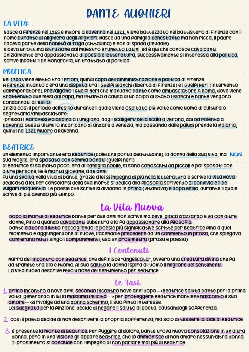 DANTE AUGHIERI
LA VITA:
Nasce a Firenze nel 1265 e muore a Ravenna nel 1321, viene battezzato nel battistero di Firenze con il
nome Durante 