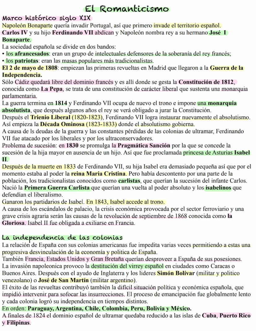 Español El Romanticismo
Marco histórico siglo XIX
Napoleon Bonaparte quería invadir Portugal, así que primero invade el territorio español.
