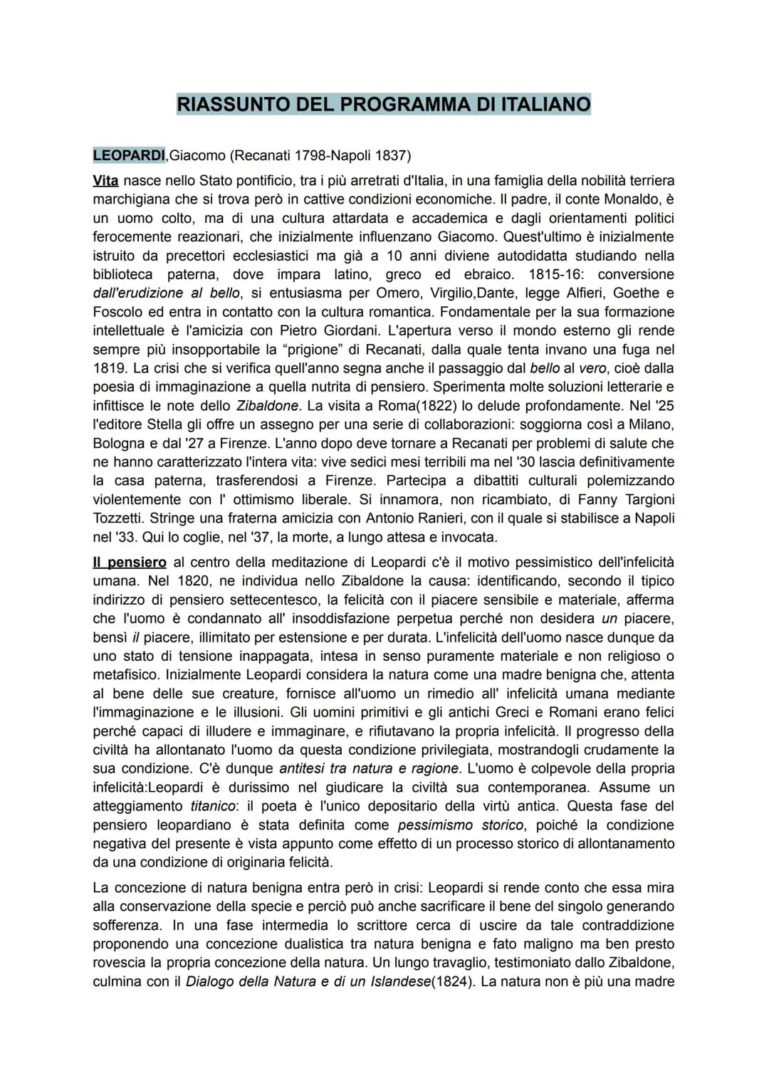 Programma di quinto superiore di italiano