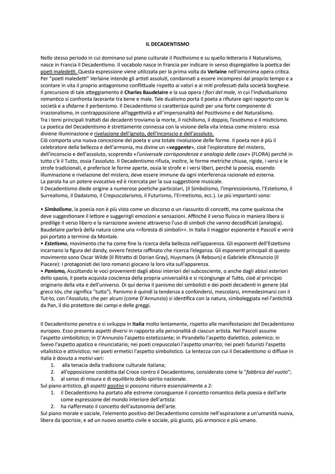 IL DECADENTISMO
Nello stesso periodo in cui dominano sul piano culturale il Positivismo e su quello letterario il Naturalismo,
nasce in Fran