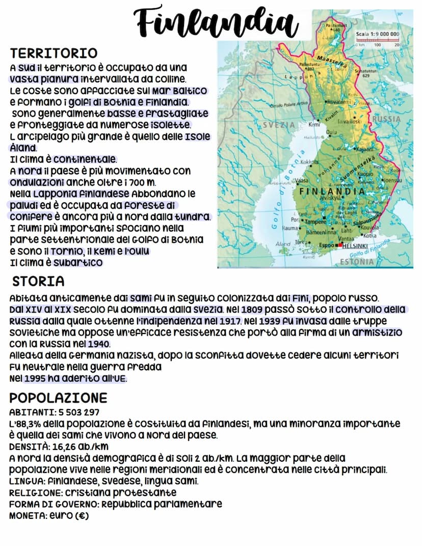 Finlandia
TERRITORIO
A sud il territorio è occupato da una
vasta pianura intervallata da colline.
Le coste sono affacciate sul Mar Baltico
e