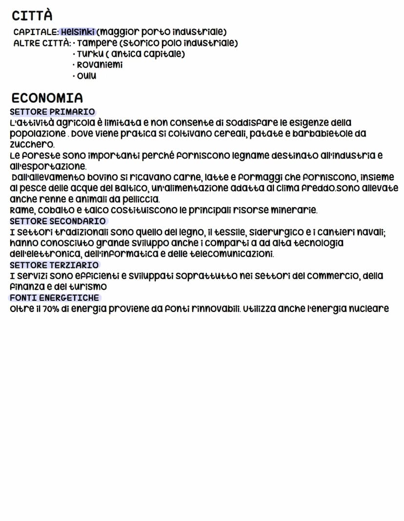 Finlandia
TERRITORIO
A sud il territorio è occupato da una
vasta pianura intervallata da colline.
Le coste sono affacciate sul Mar Baltico
e