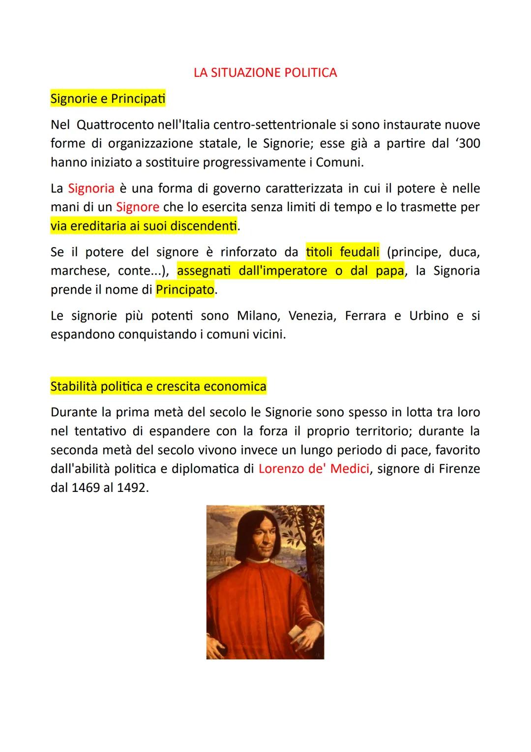 IL CONTESTO DELL'ETÀ UMANISTICA DAL 1400 AL 1492
POLITICA
Nell'Italia centro-
settentrionale si
rafforzano le Signorie
e diventano ereditari