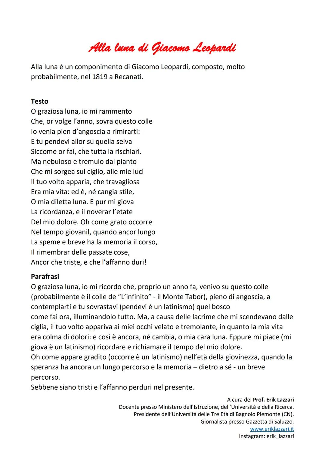 Alla luna di Giacomo Leopardi
Alla luna è un componimento di Giacomo Leopardi, composto, molto
probabilmente, nel 1819 a Recanati.
Testo
O g