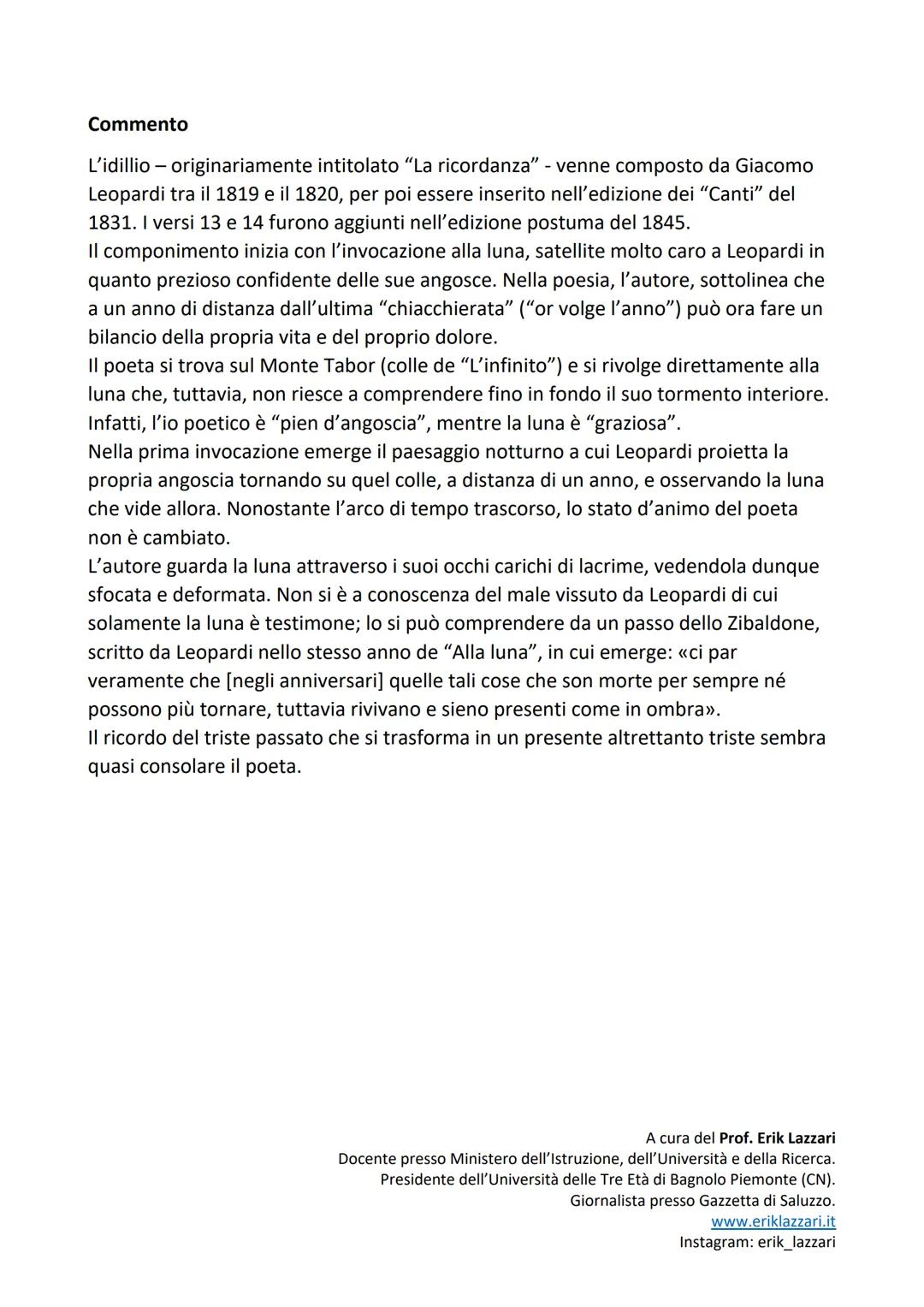 Alla luna di Giacomo Leopardi
Alla luna è un componimento di Giacomo Leopardi, composto, molto
probabilmente, nel 1819 a Recanati.
Testo
O g
