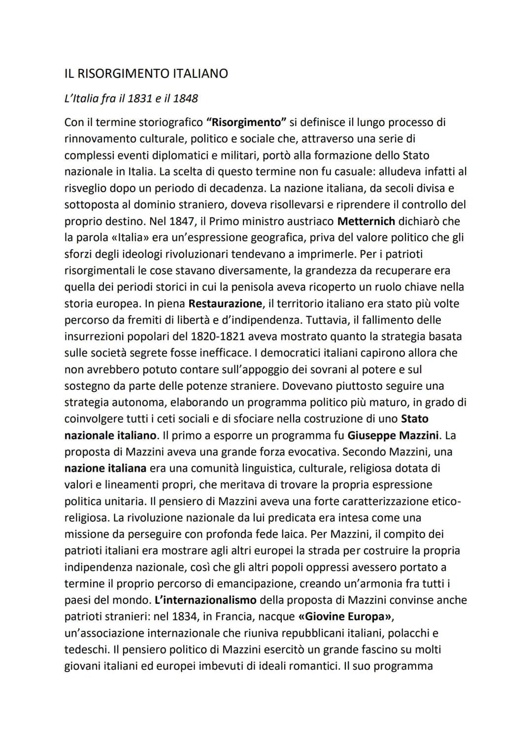 IL RISORGIMENTO ITALIANO
L'Italia fra il 1831 e il 1848
Con il termine storiografico "Risorgimento" si definisce il lungo processo di
rinnov