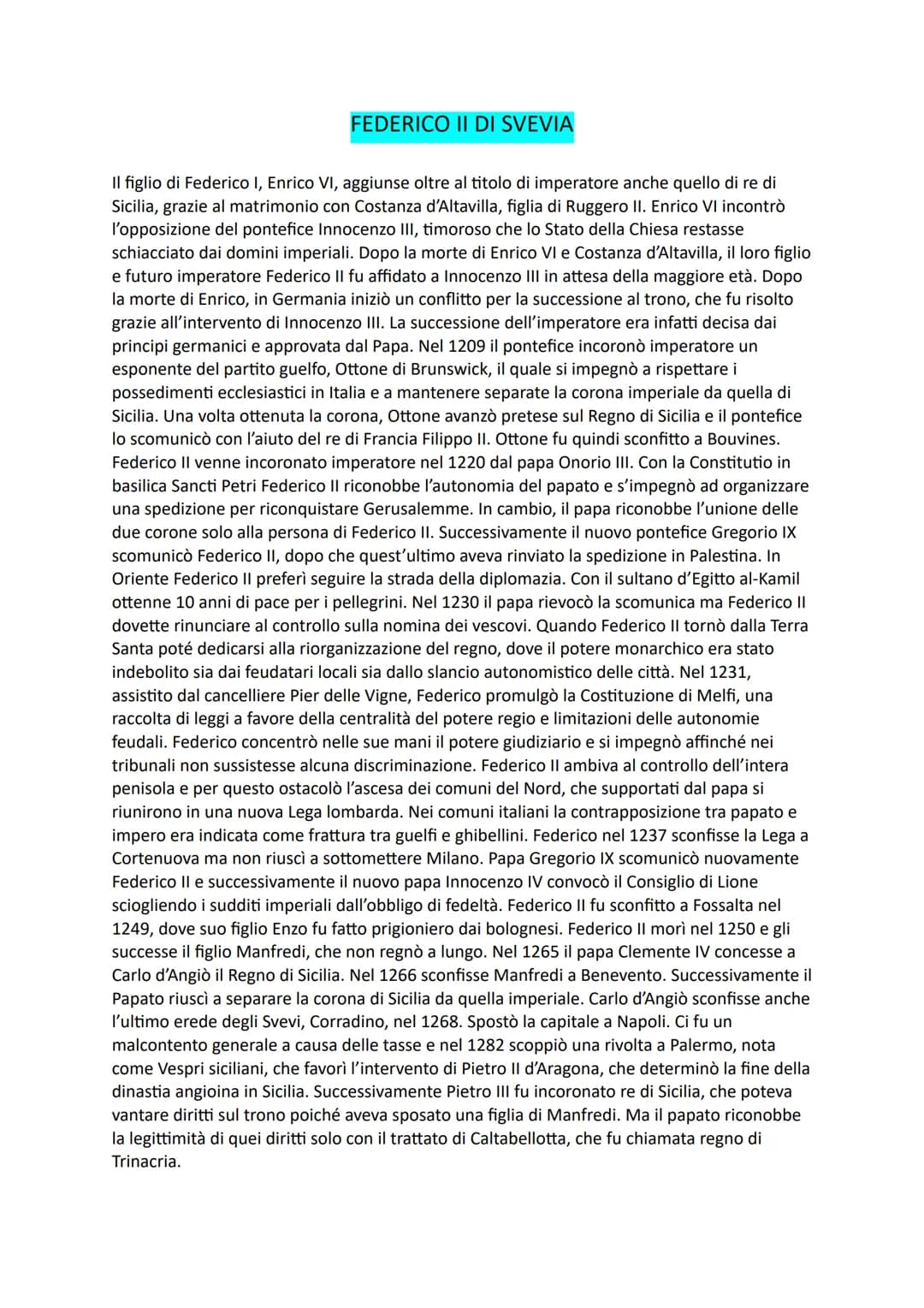 FEDERICO II DI SVEVIA
Il figlio di Federico I, Enrico VI, aggiunse oltre al titolo di imperatore anche quello di re di
Sicilia, grazie al ma