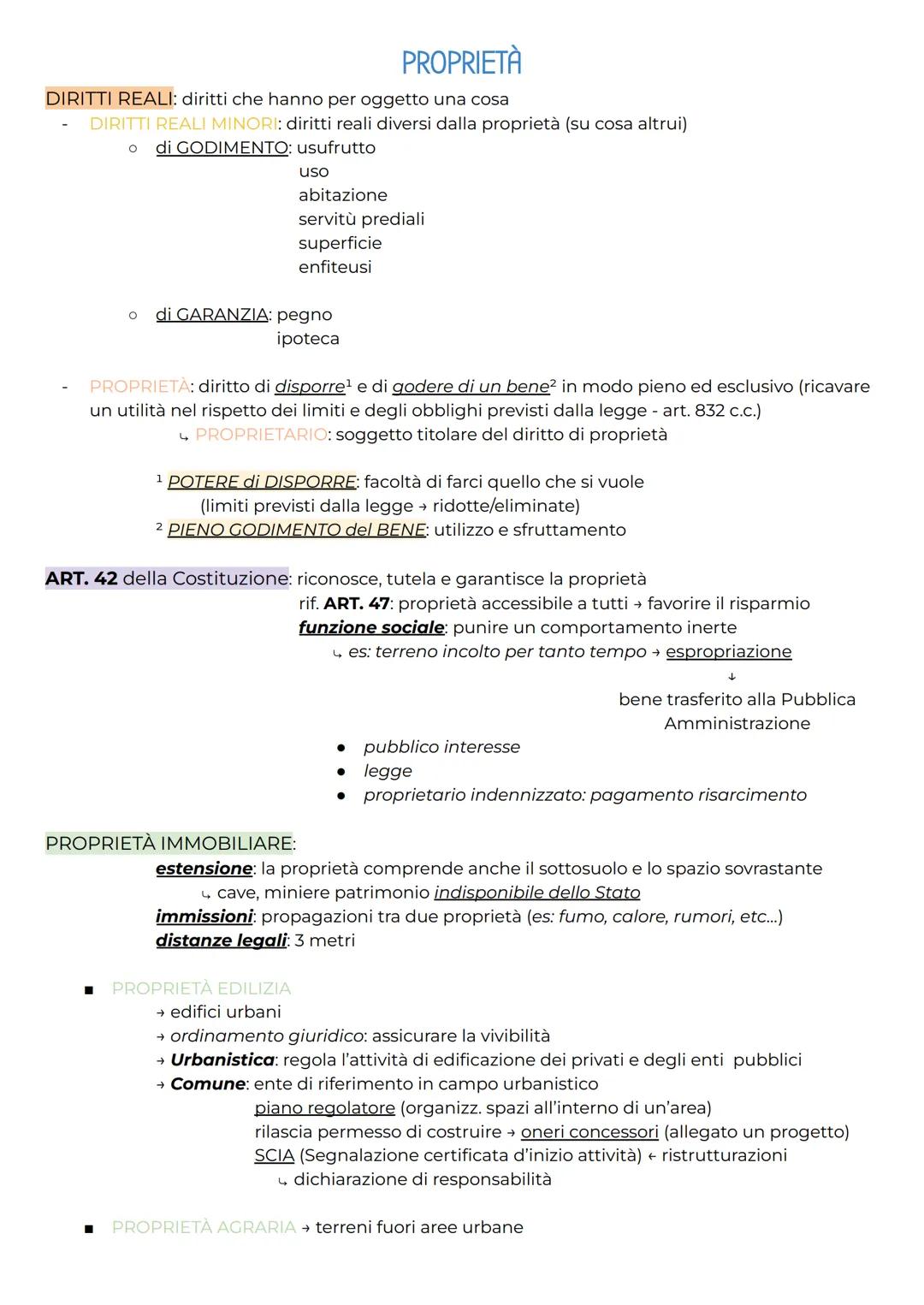 PROPRIETÀ
DIRITTI REALI: diritti che hanno per oggetto una cosa
DIRITTI REALI MINORI: diritti reali diversi dalla proprietà (su cosa altrui)