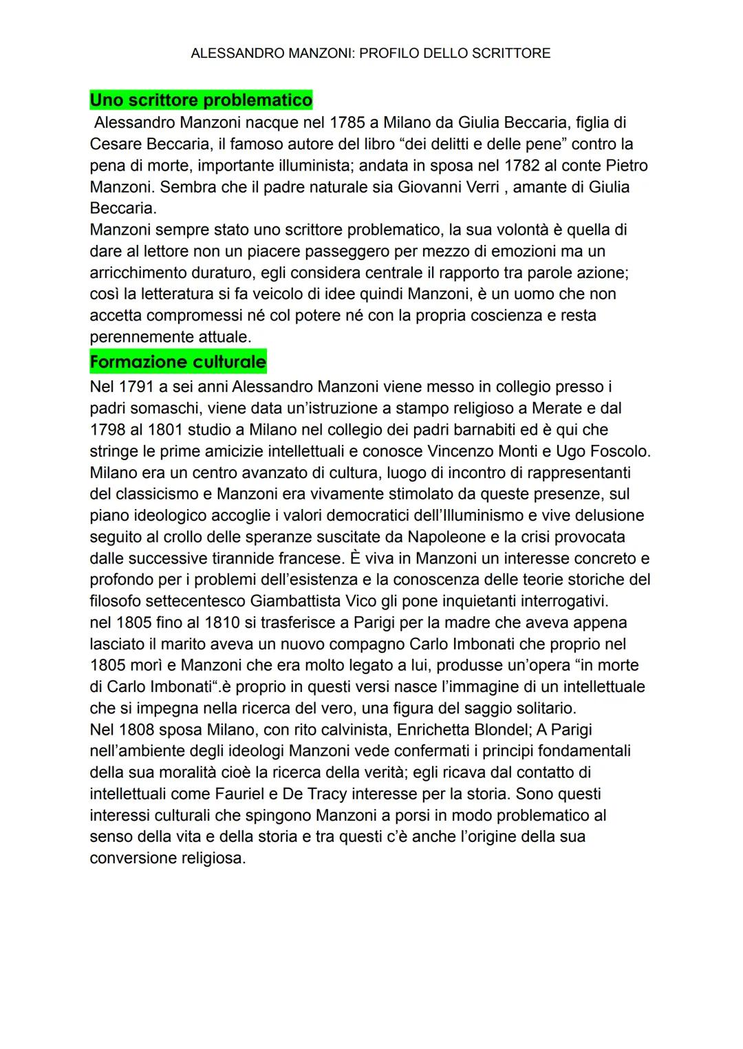 # ALESSANDRO MANZONI: PROFILO DELLO SCRITTORE

## Uno scrittore problematico
Alessandro Manzoni nacque nel 1785 a Milano da Giulia Beccaria,