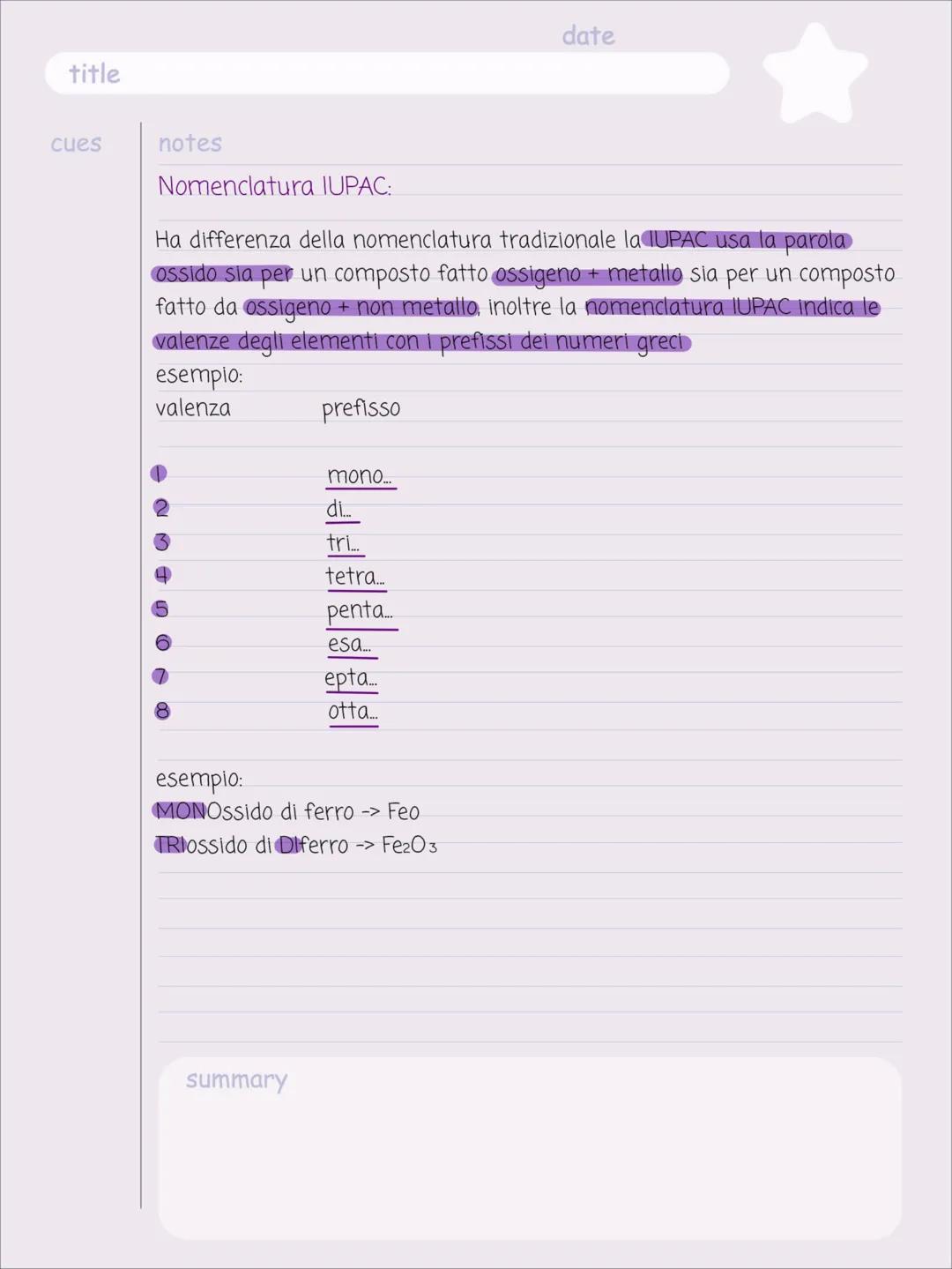 date
# NOMENCLATURA DEGLI OSSIDI

cues
notes Ci sono tre tipi di nomenclatura:
- Nomenclatura tradizionale
- Nomenclatura IUPAC
-Nomenclatur
